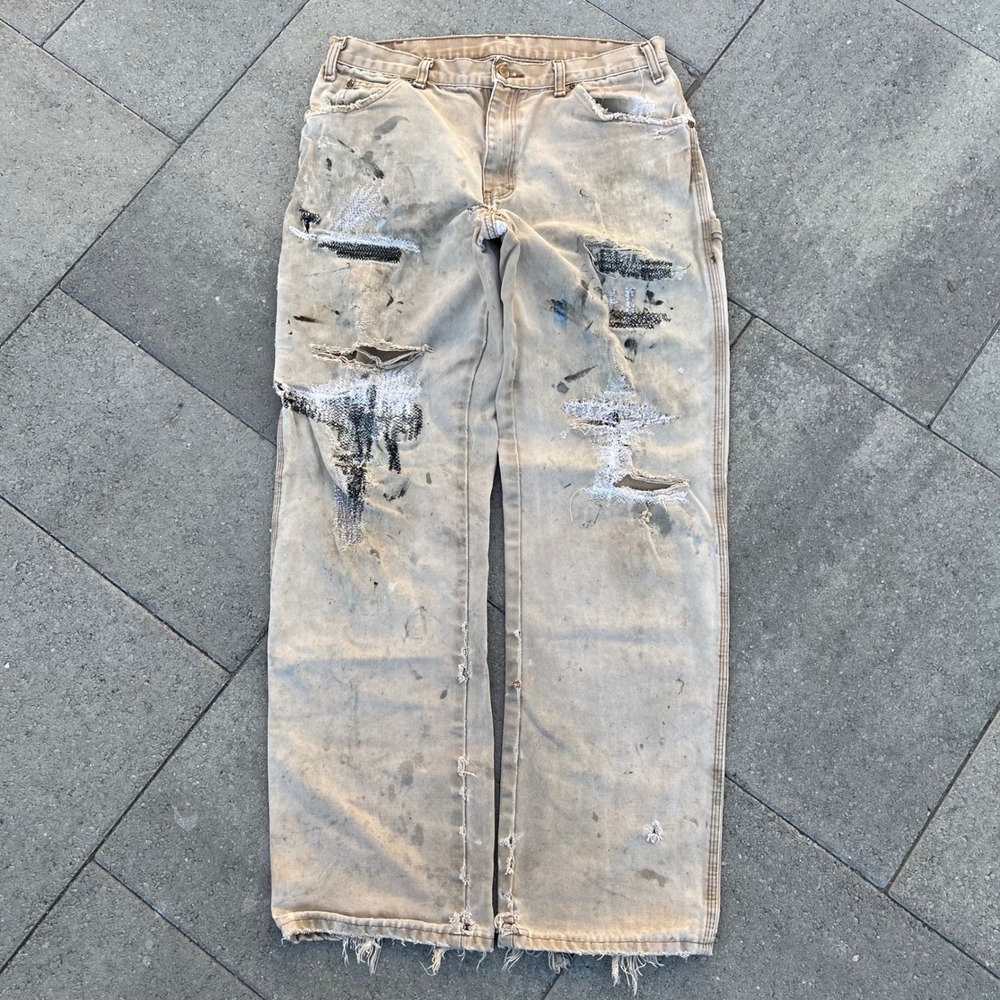 Vintage Dickies Distressed Carpenter Pants Tan Paint Splatter Repaired 32x30